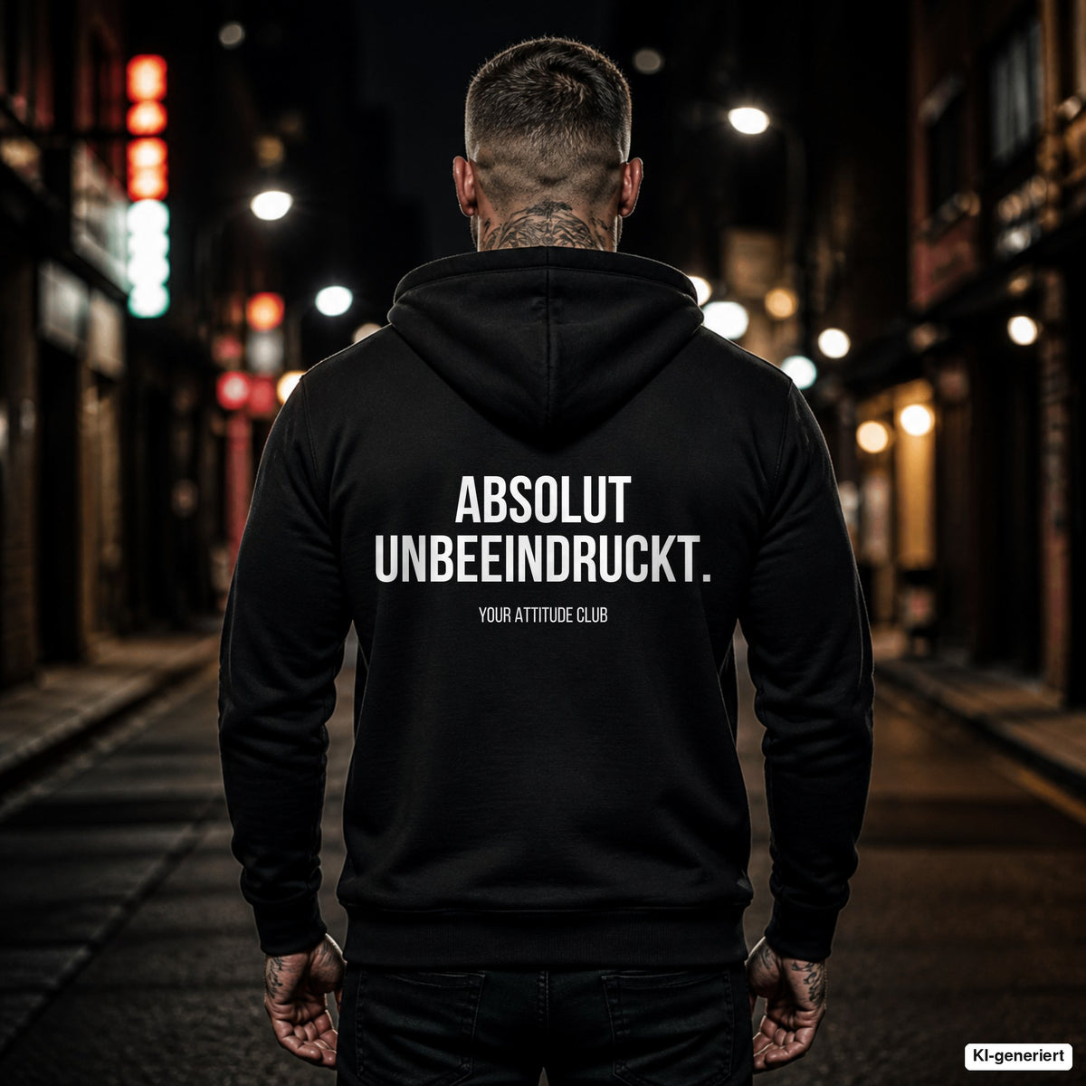 ABSOLUT UNBEEINDRUCKT. – schwarzer Hoodie mit weißem Backprint, Herren in der Stadt bei Nacht