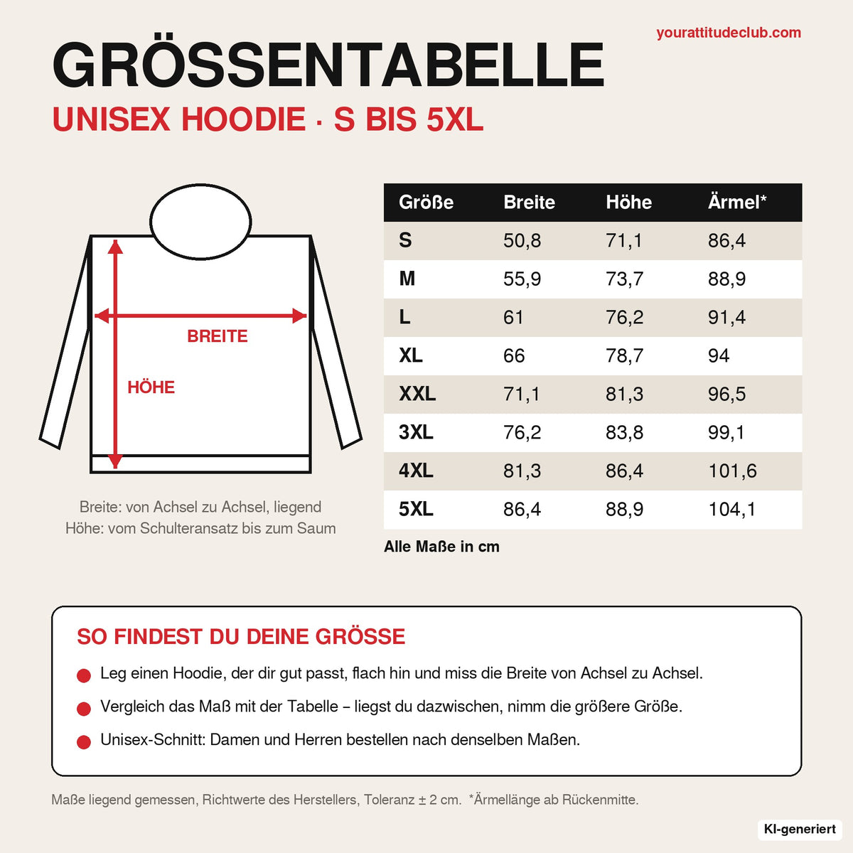 Größentabelle Unisex Hoodie S bis 5XL