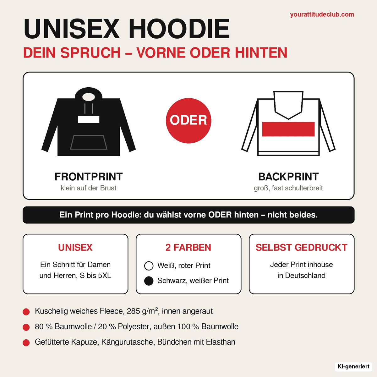 Unisex Hoodie – wahlweise Front- oder Backprint, Weiß oder Schwarz, S bis 5XL