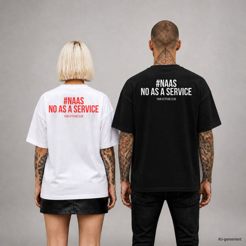 #NAAS NO AS A SERVICE – Oversize T-Shirt Unisex mit Backprint, Frau in Weiß mit rotem und Mann in Schwarz mit weißem Aufdruck