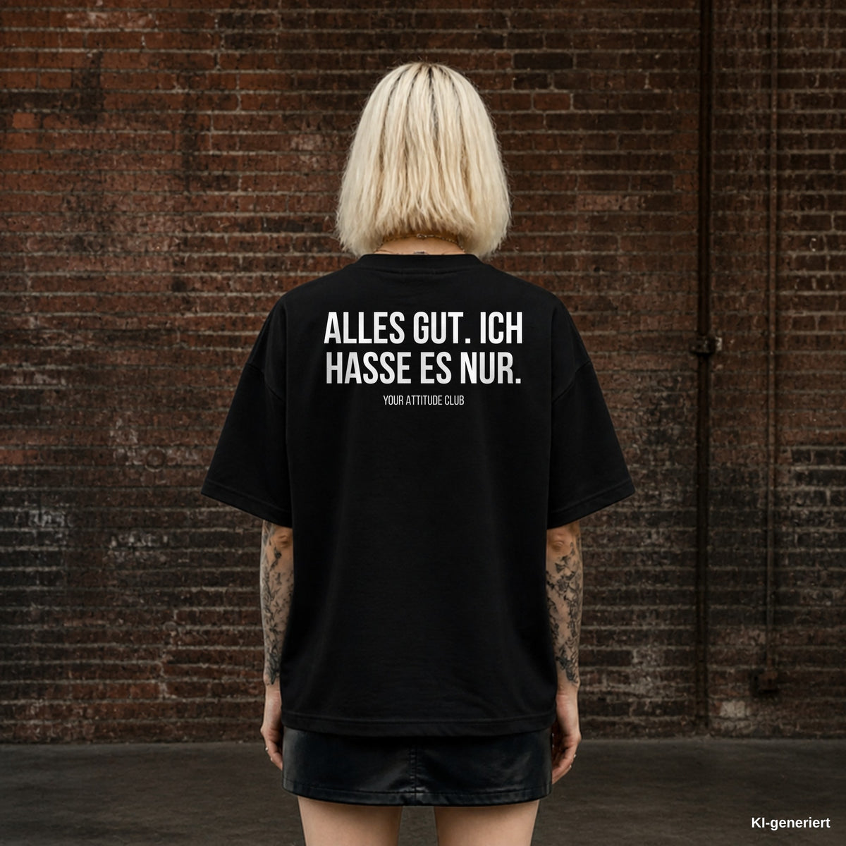 ALLES GUT. ICH HASSE ES NUR. – schwarzes Oversize T-Shirt mit weißem Backprint, Damen
