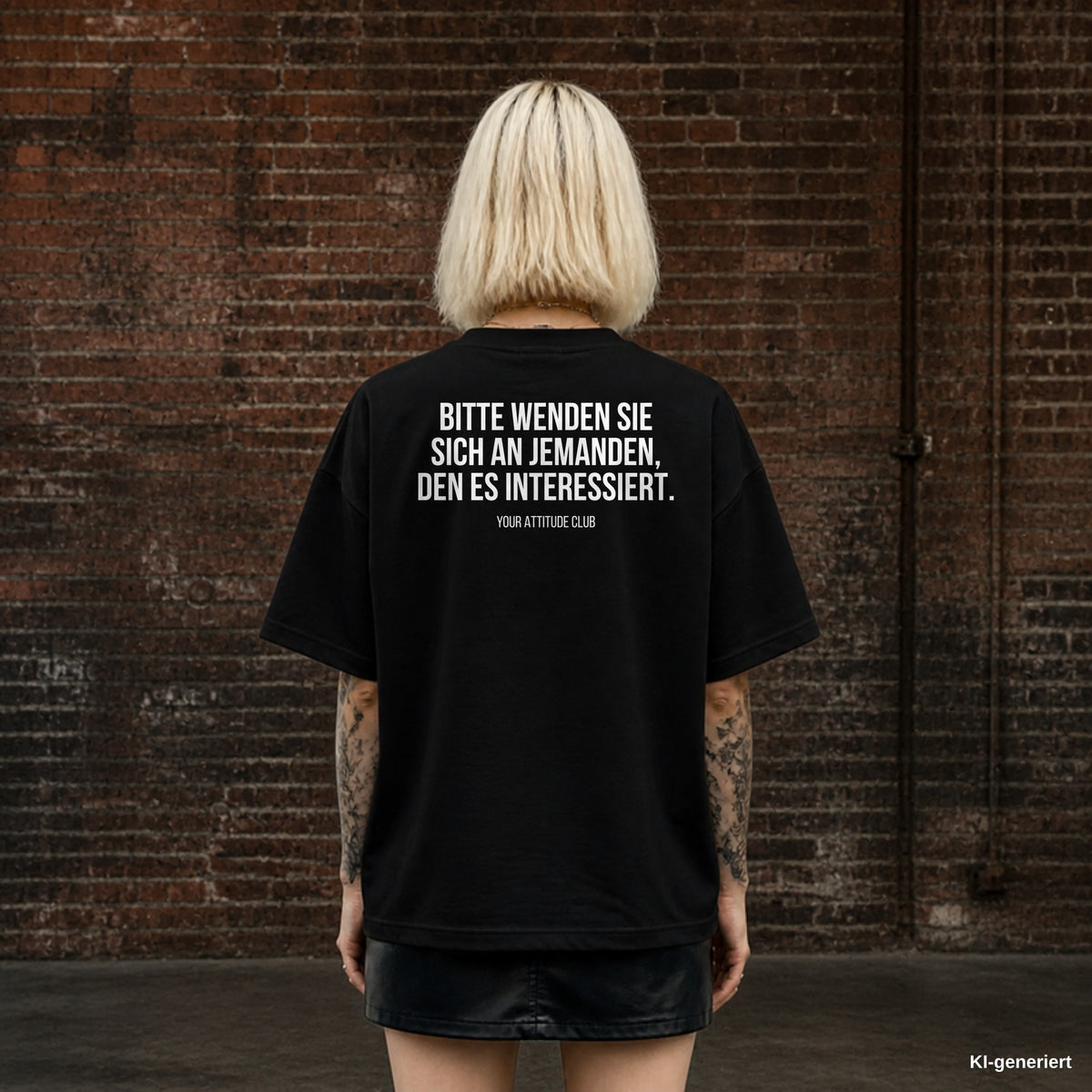 BITTE WENDEN SIE SICH AN JEMANDEN, DEN ES INTERESSIERT. – schwarzes Oversize T-Shirt mit weißem Backprint, Damen