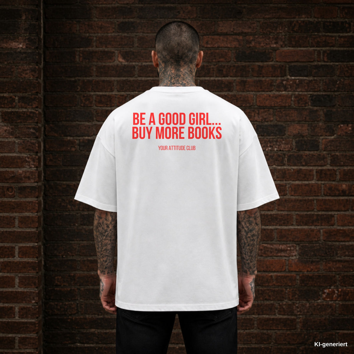 BE A GOOD GIRL... BUY MORE BOOKS – weißes Oversize T-Shirt mit rotem Backprint, Herren