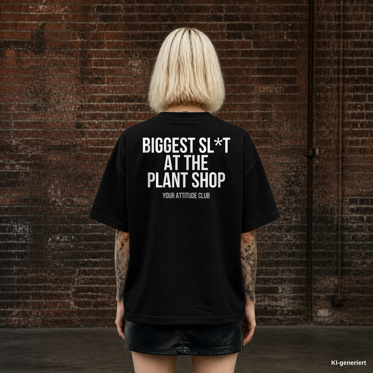 BIGGEST SL*T AT THE PLANT SHOP – schwarzes Oversize T-Shirt mit weißem Backprint, Damen