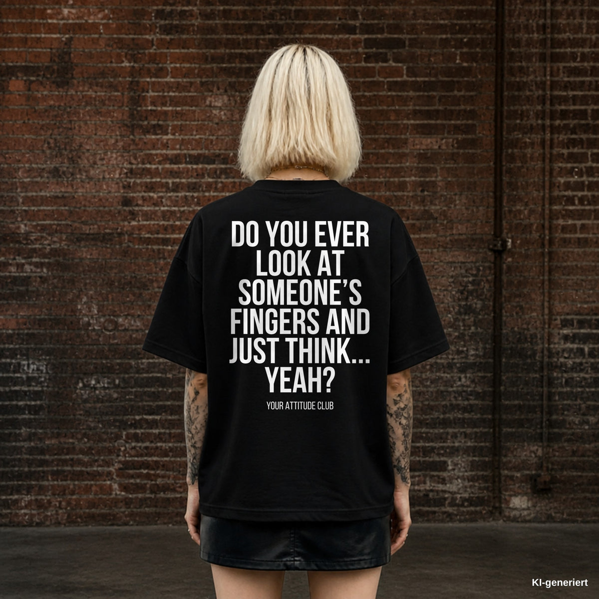 DO YOU EVER LOOK AT SOMEONE’S FINGERS AND JUST THINK... YEAH? – schwarzes Oversize T-Shirt mit weißem Backprint, Damen