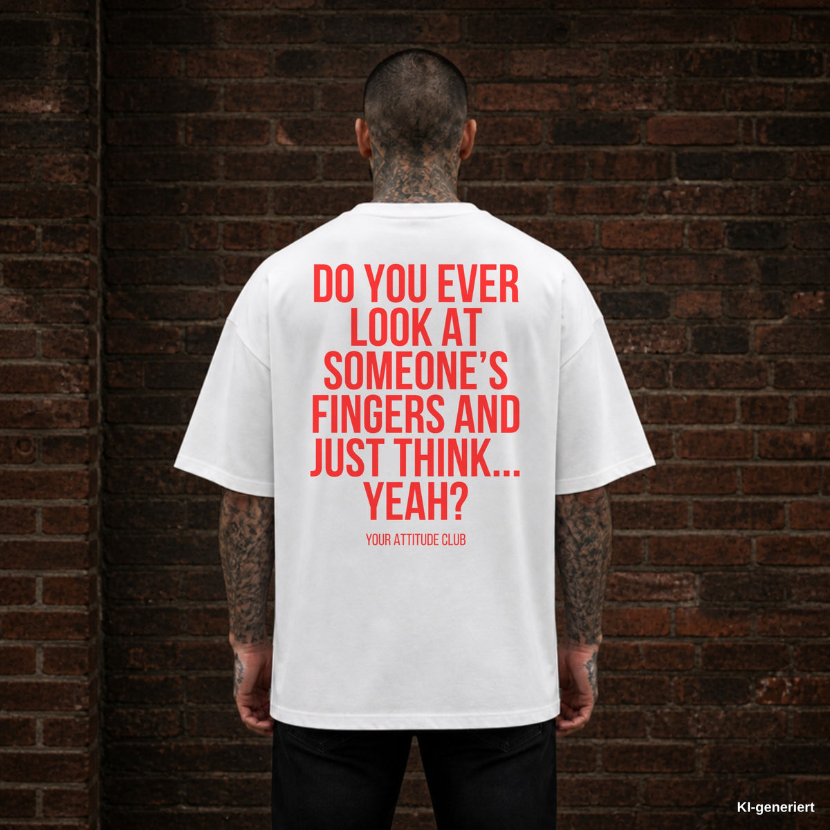 DO YOU EVER LOOK AT SOMEONE’S FINGERS AND JUST THINK... YEAH? – weißes Oversize T-Shirt mit rotem Backprint, Herren