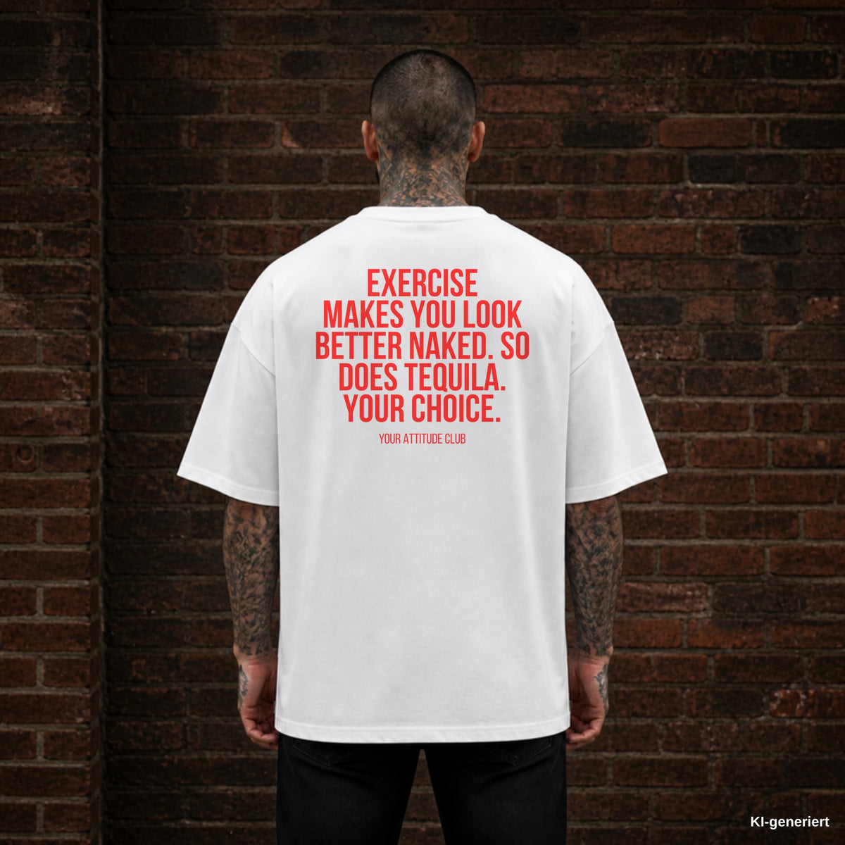 EXERCISE MAKES YOU LOOK BETTER NAKED. SO DOES TEQUILA. YOUR CHOICE. – weißes Oversize T-Shirt mit rotem Backprint, Herren