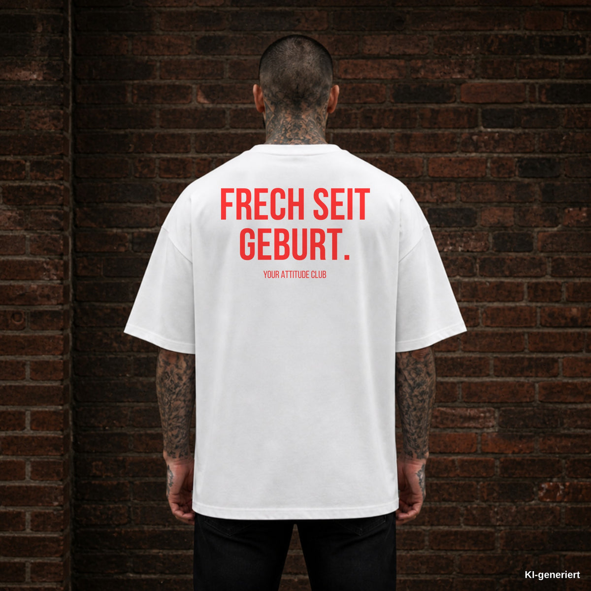 FRECH SEIT GEBURT. – weißes Oversize T-Shirt mit rotem Backprint, Herren