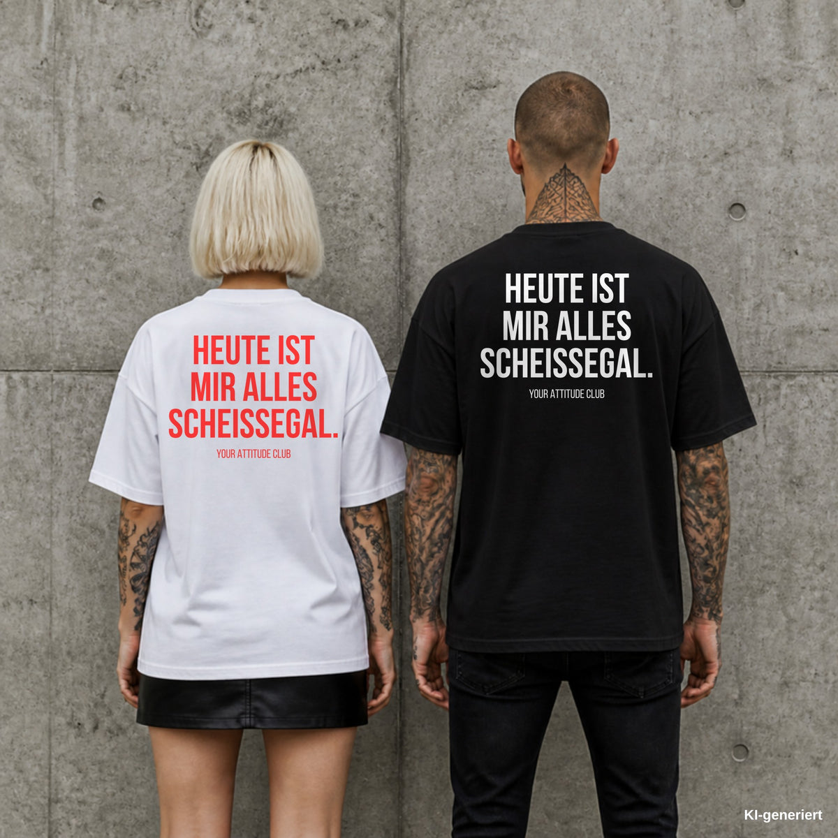 HEUTE IST MIR ALLES SCHEISSEGAL. – Oversize Shirt mit Spruch auf dem Rücken, Paar in Weiß und Schwarz vor Betonwand