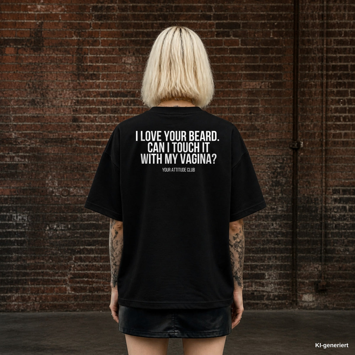 I LOVE YOUR BEARD. CAN I TOUCH IT WITH MY VAGINA? – schwarzes Oversize T-Shirt mit weißem Backprint, Damen