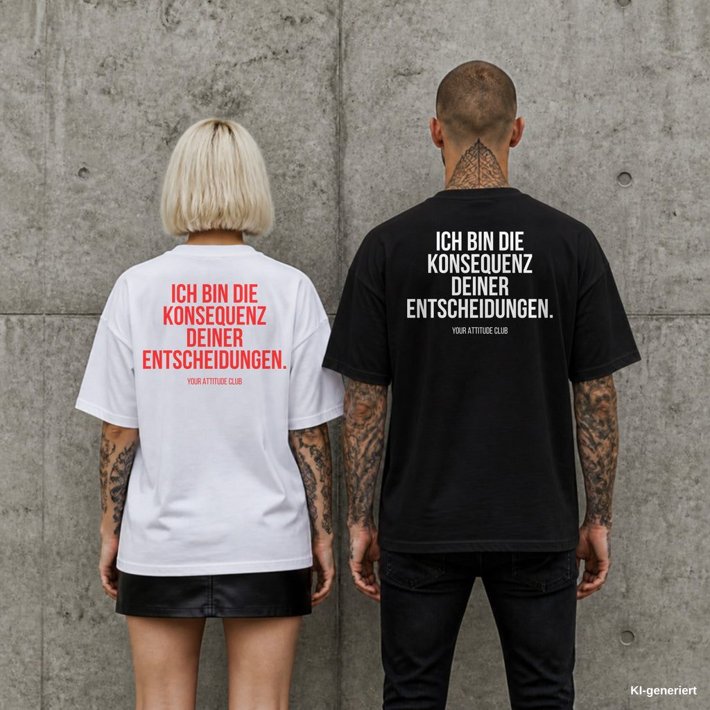 ICH BIN DIE KONSEQUENZ DEINER ENTSCHEIDUNGEN. – Oversize Shirt mit Spruch auf dem Rücken, Paar in Weiß und Schwarz vor Betonwand