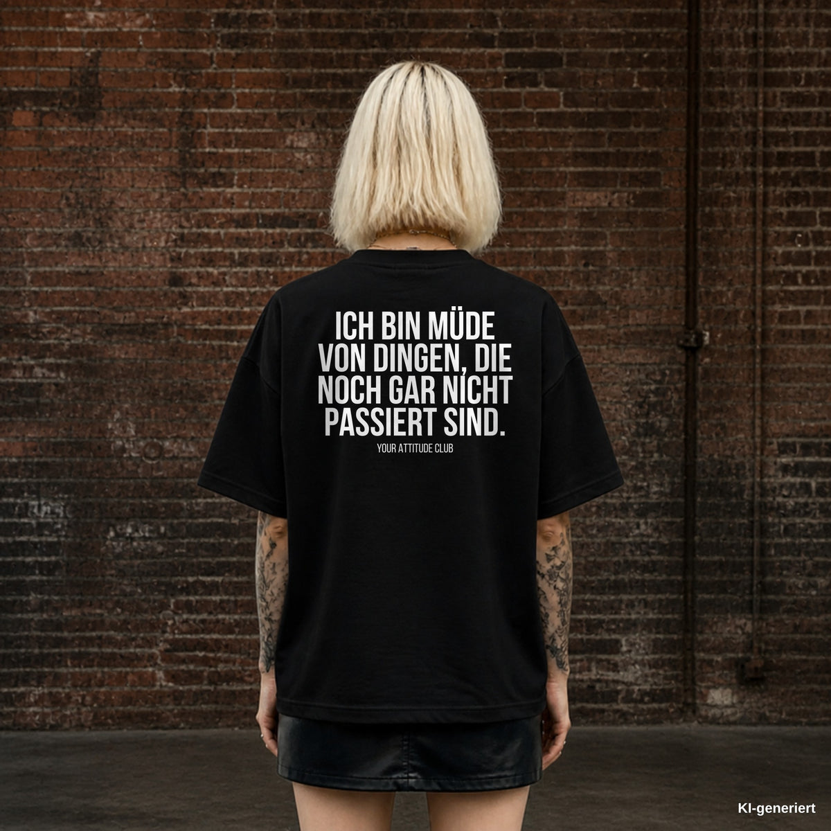 ICH BIN MÜDE VON DINGEN, DIE NOCH GAR NICHT PASSIERT SIND. – schwarzes Oversize T-Shirt mit weißem Backprint, Damen