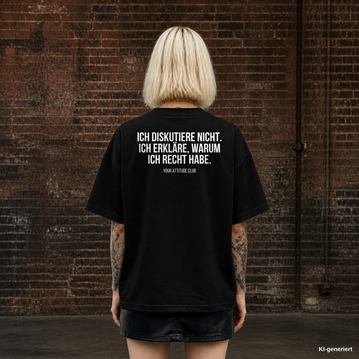 ICH DISKUTIERE NICHT. ICH ERKLÄRE, WARUM ICH RECHT HABE. – schwarzes Oversize T-Shirt mit weißem Backprint, Damen
