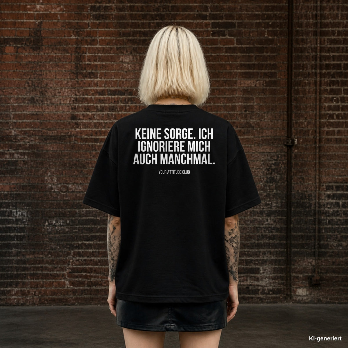 KEINE SORGE. ICH IGNORIERE MICH AUCH MANCHMAL. – schwarzes Oversize T-Shirt mit weißem Backprint, Damen