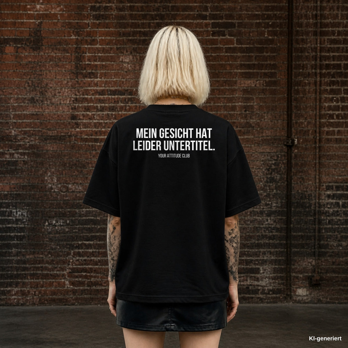 MEIN GESICHT HAT LEIDER UNTERTITEL. – schwarzes Oversize T-Shirt mit weißem Backprint, Damen