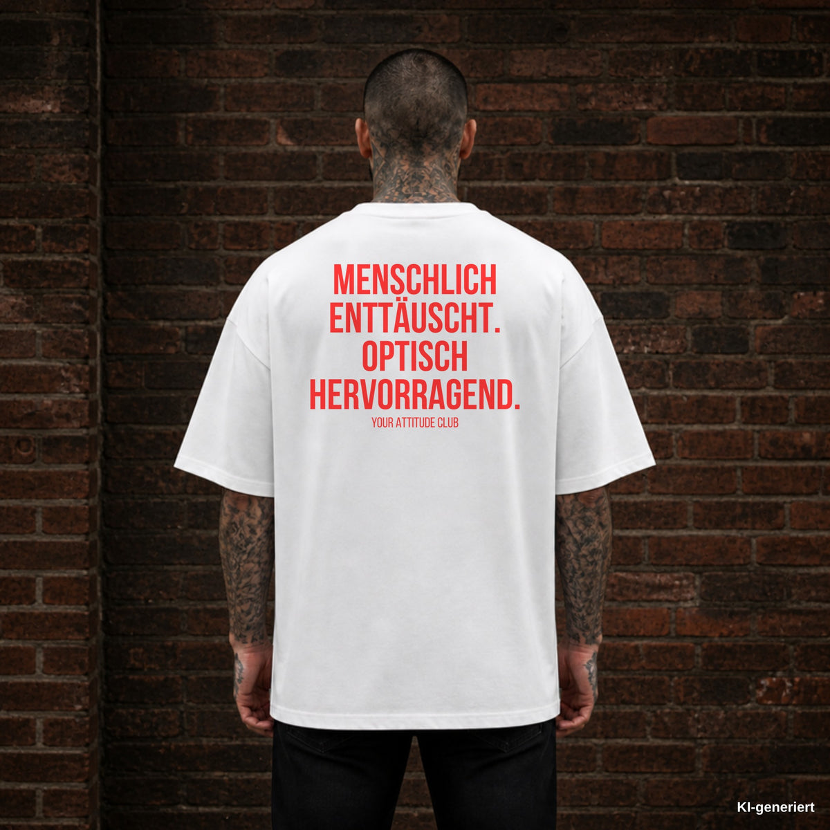 MENSCHLICH ENTTÄUSCHT. OPTISCH HERVORRAGEND. – weißes Oversize T-Shirt mit rotem Backprint, Herren
