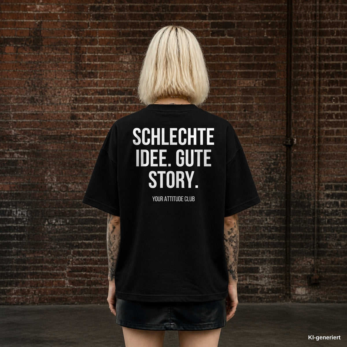 SCHLECHTE IDEE. GUTE STORY. – schwarzes Oversize T-Shirt mit weißem Backprint, Damen