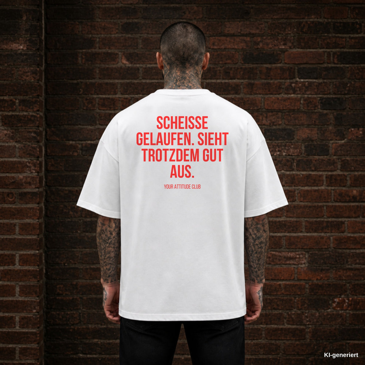 SCHEISSE GELAUFEN. SIEHT TROTZDEM GUT AUS. – weißes Oversize T-Shirt mit rotem Backprint, Herren