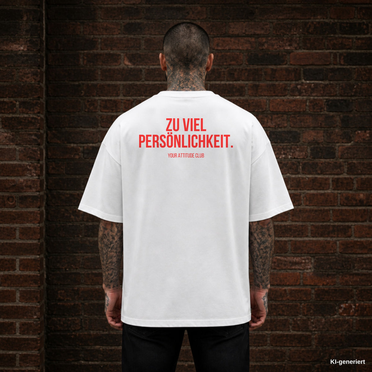 ZU VIEL PERSÖNLICHKEIT. – weißes Oversize T-Shirt mit rotem Backprint, Herren
