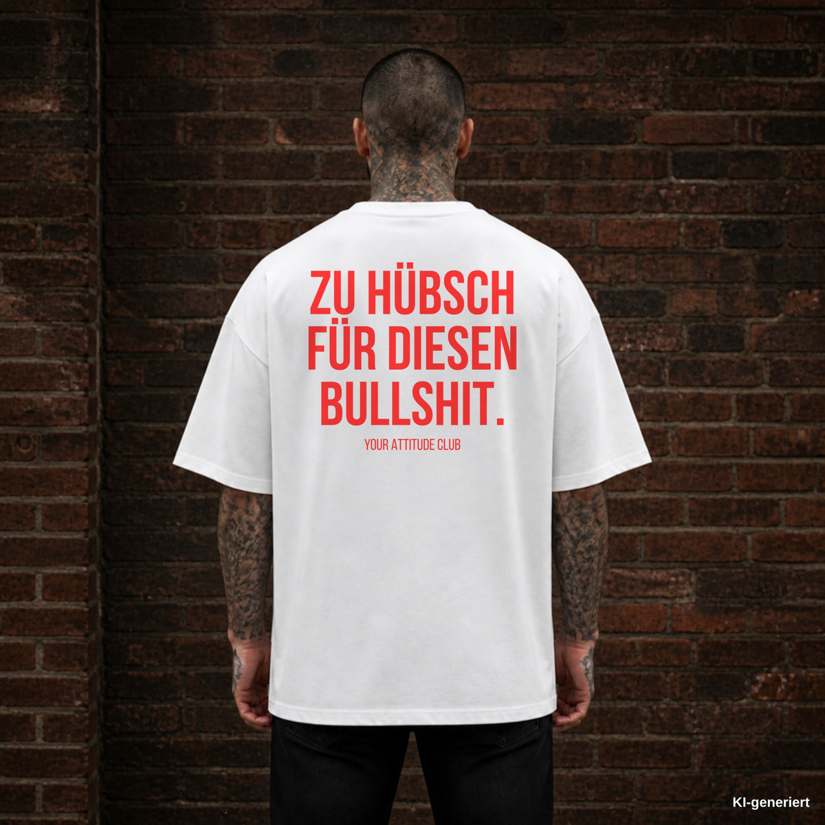 ZU HÜBSCH FÜR DIESEN BULLSHIT. – weißes Oversize T-Shirt mit rotem Backprint, Herren