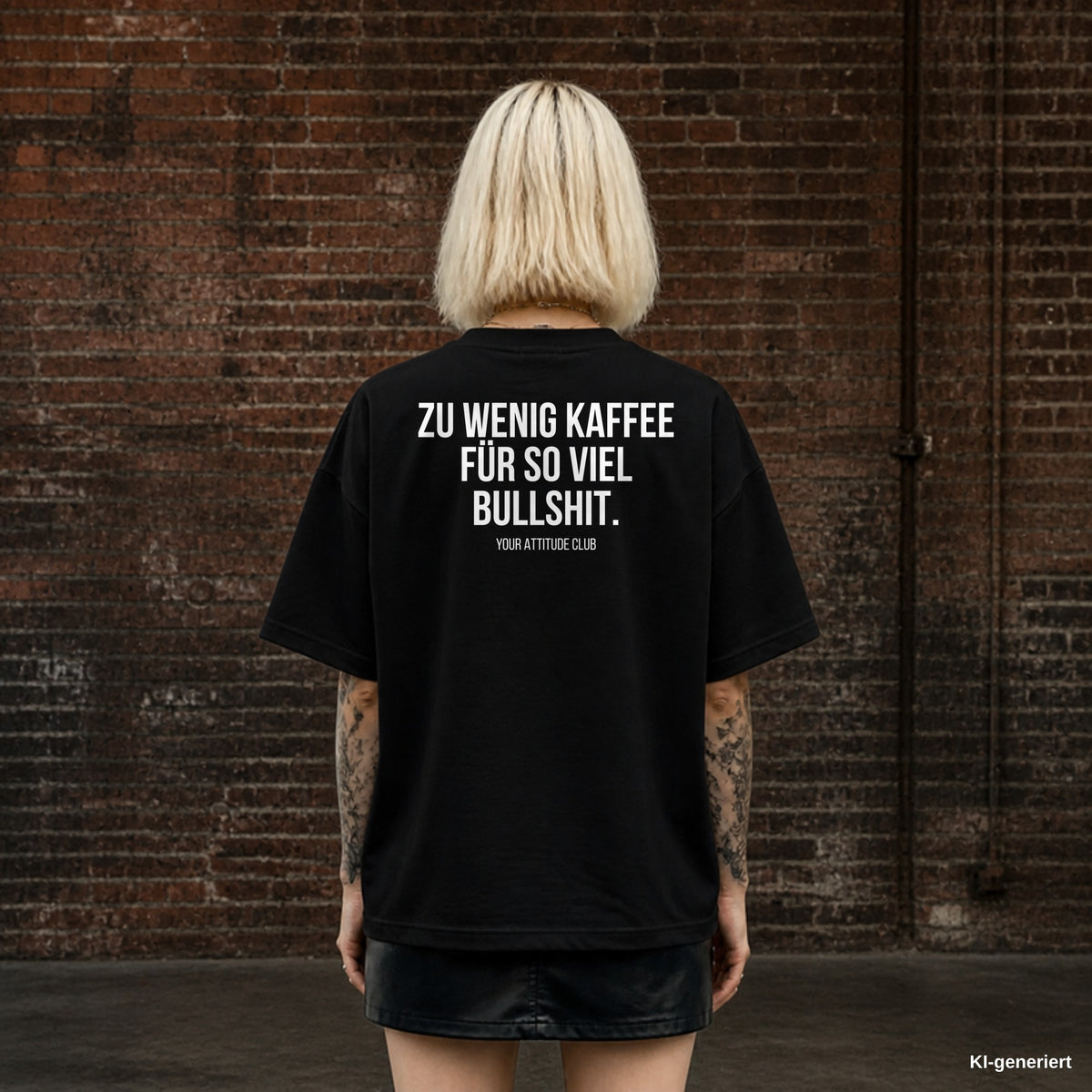 ZU WENIG KAFFEE FÜR SO VIEL BULLSHIT. – schwarzes Oversize T-Shirt mit weißem Backprint, Damen