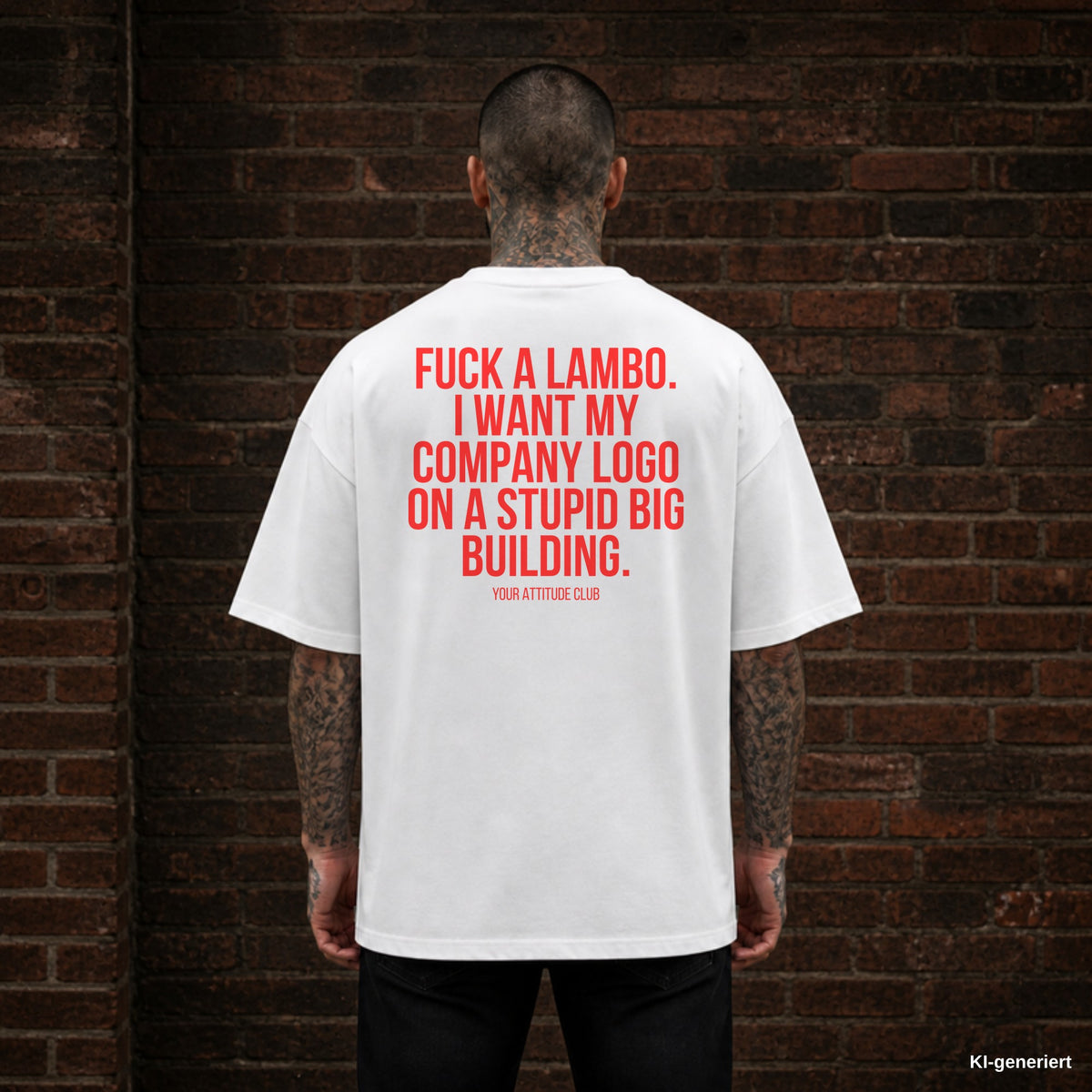 FUCK A LAMBO. I WANT MY COMPANY LOGO ON A STUPID BIG BUILDING. – weißes Oversize T-Shirt mit rotem Backprint, Herren