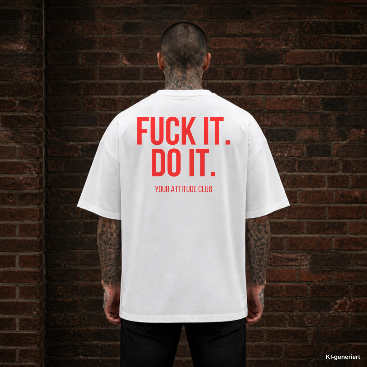 FUCK IT. DO IT. – weißes Oversize T-Shirt mit rotem Backprint, Herren