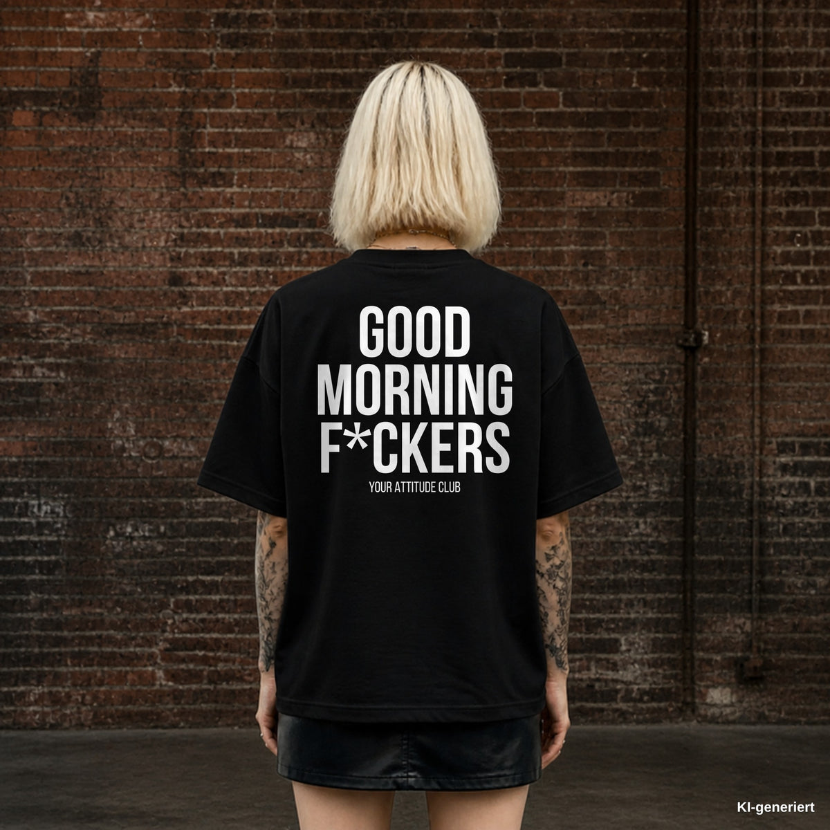 GOOD MORNING F*CKERS – schwarzes Oversize T-Shirt mit weißem Backprint, Damen