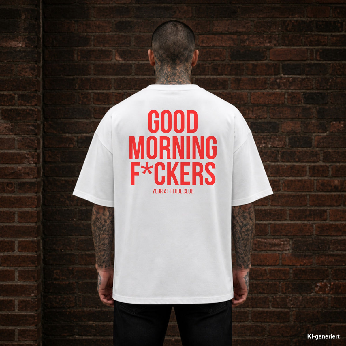 GOOD MORNING F*CKERS – weißes Oversize T-Shirt mit rotem Backprint, Herren