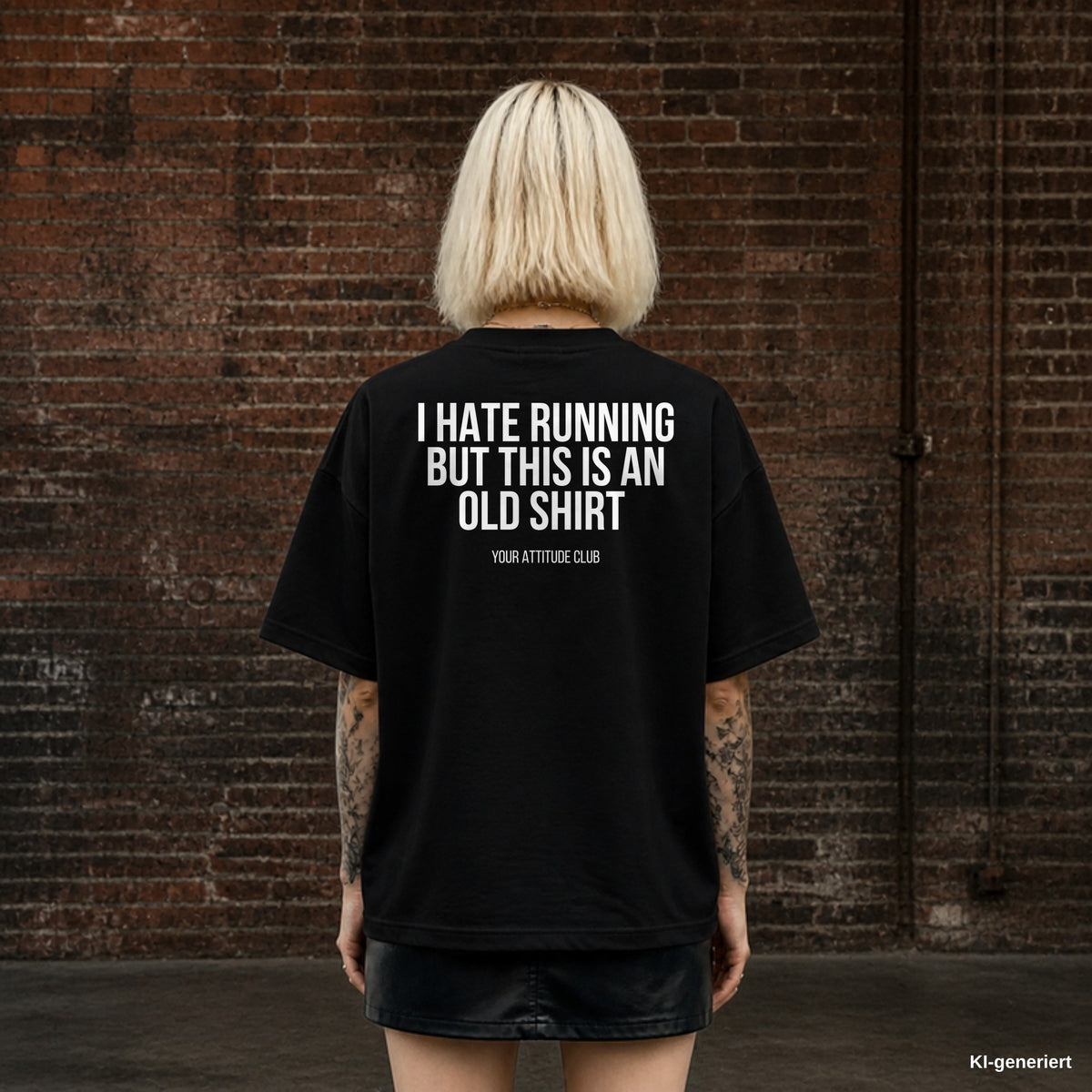 I HATE RUNNING BUT THIS IS AN OLD SHIRT – schwarzes Oversize T-Shirt mit weißem Backprint, Damen