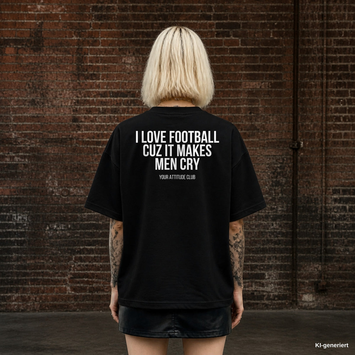 I LOVE FOOTBALL CUZ IT MAKES MEN CRY – schwarzes Oversize T-Shirt mit weißem Backprint, Damen