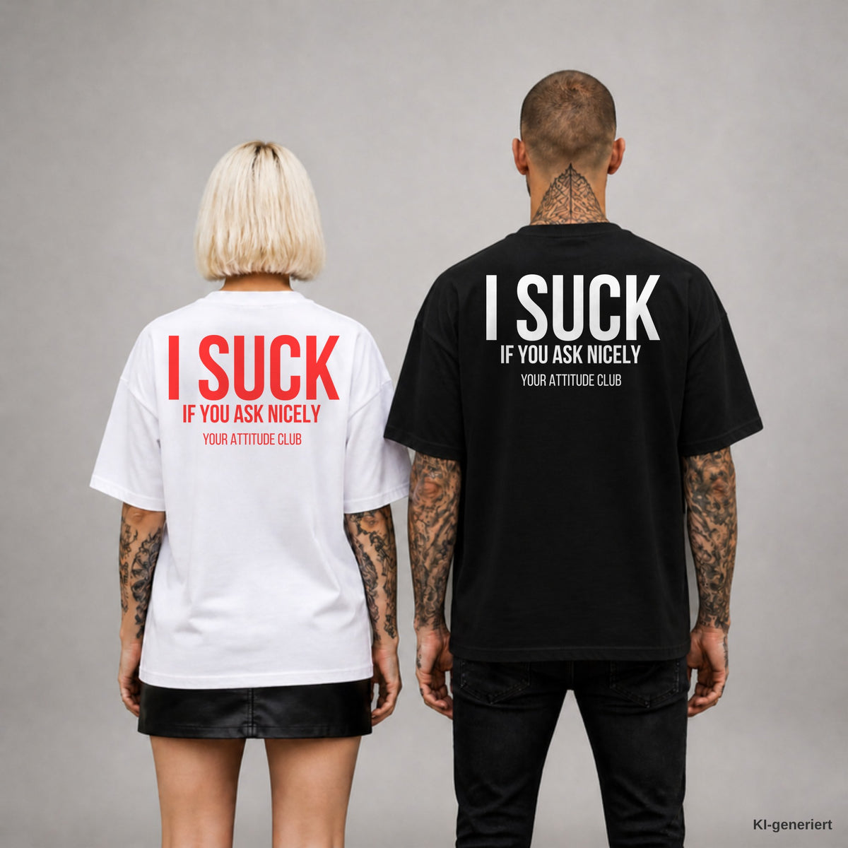 I SUCK IF YOU ASK NICELY – Oversize T-Shirt Unisex mit Backprint, Frau in Weiß mit rotem und Mann in Schwarz mit weißem Aufdruck