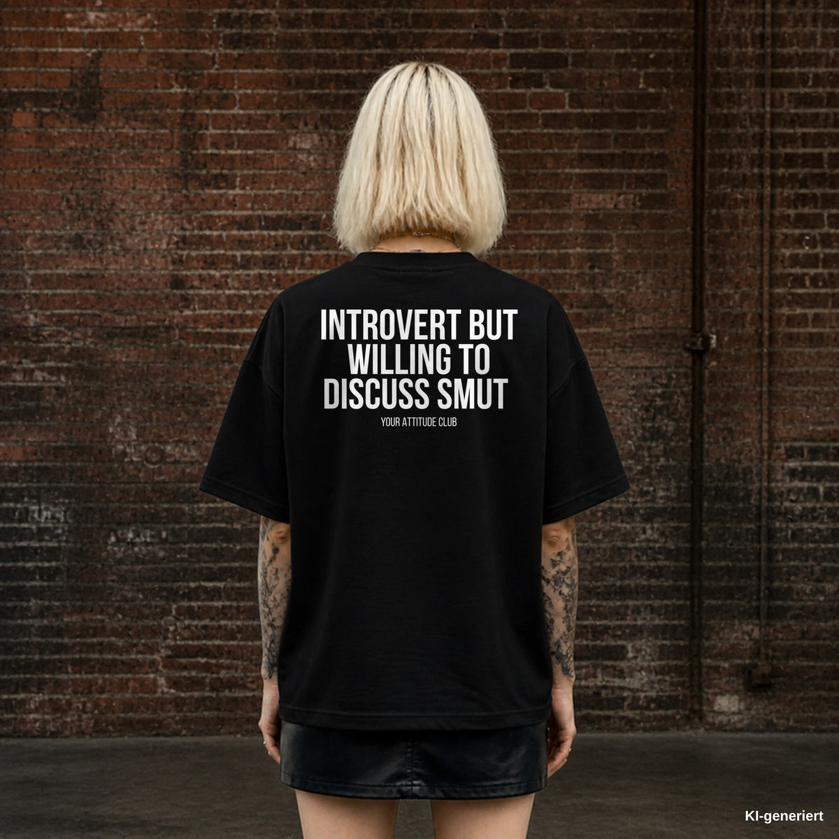INTROVERT BUT WILLING TO DISCUSS SMUT – schwarzes Oversize T-Shirt mit weißem Backprint, Damen