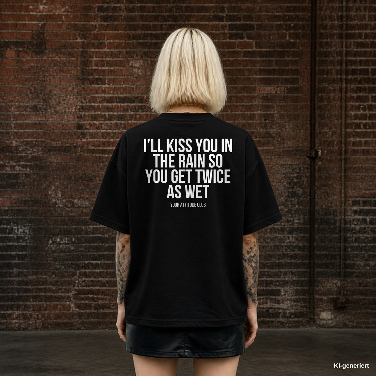 I’LL KISS YOU IN THE RAIN SO YOU GET TWICE AS WET – schwarzes Oversize T-Shirt mit weißem Backprint, Damen