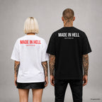 MADE IN HELL – Oversize T-Shirt Unisex mit Backprint, Frau in Weiß mit rotem und Mann in Schwarz mit weißem Aufdruck
