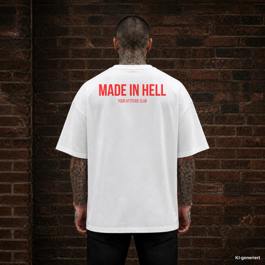 MADE IN HELL – weißes Oversize T-Shirt mit rotem Backprint, Herren