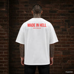 MADE IN HELL – weißes Oversize T-Shirt mit rotem Backprint, Herren