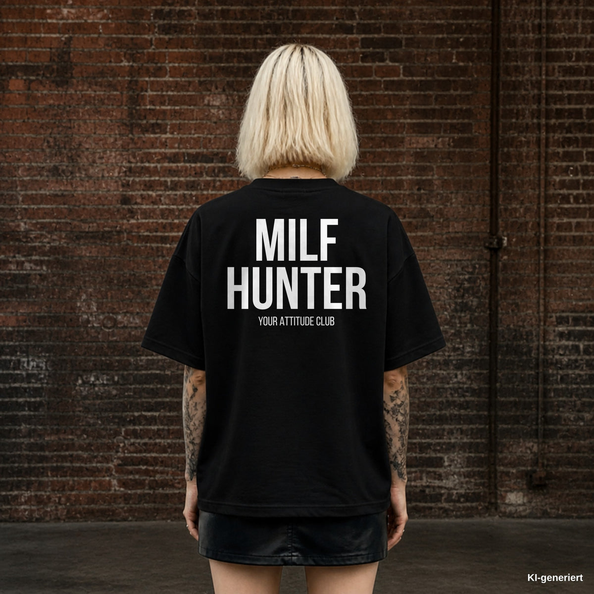 MILF HUNTER – schwarzes Oversize T-Shirt mit weißem Backprint, Damen