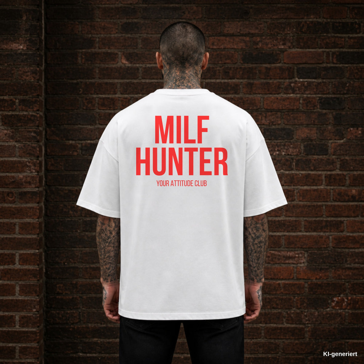 MILF HUNTER – weißes Oversize T-Shirt mit rotem Backprint, Herren