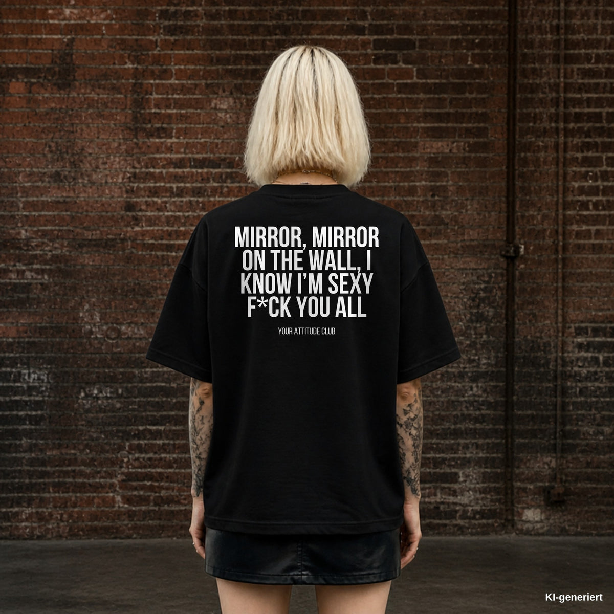 MIRROR, MIRROR ON THE WALL, I KNOW I’M SEXY F*CK YOU ALL – schwarzes Oversize T-Shirt mit weißem Backprint, Damen