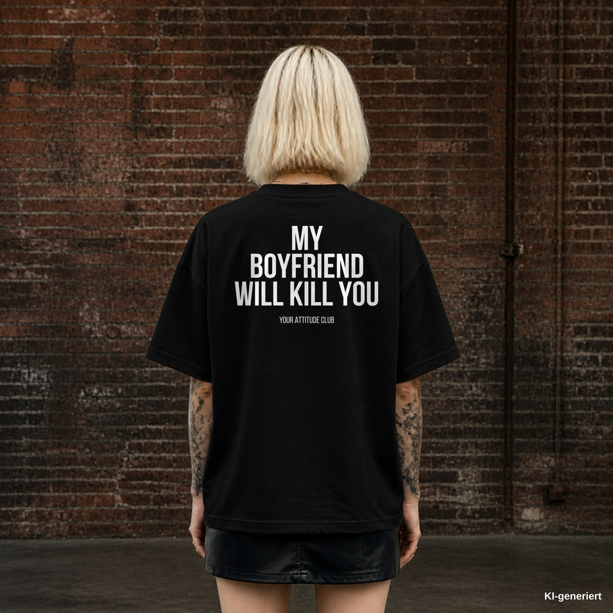 MY BOYFRIEND WILL KILL YOU – schwarzes Oversize T-Shirt mit weißem Backprint, Damen