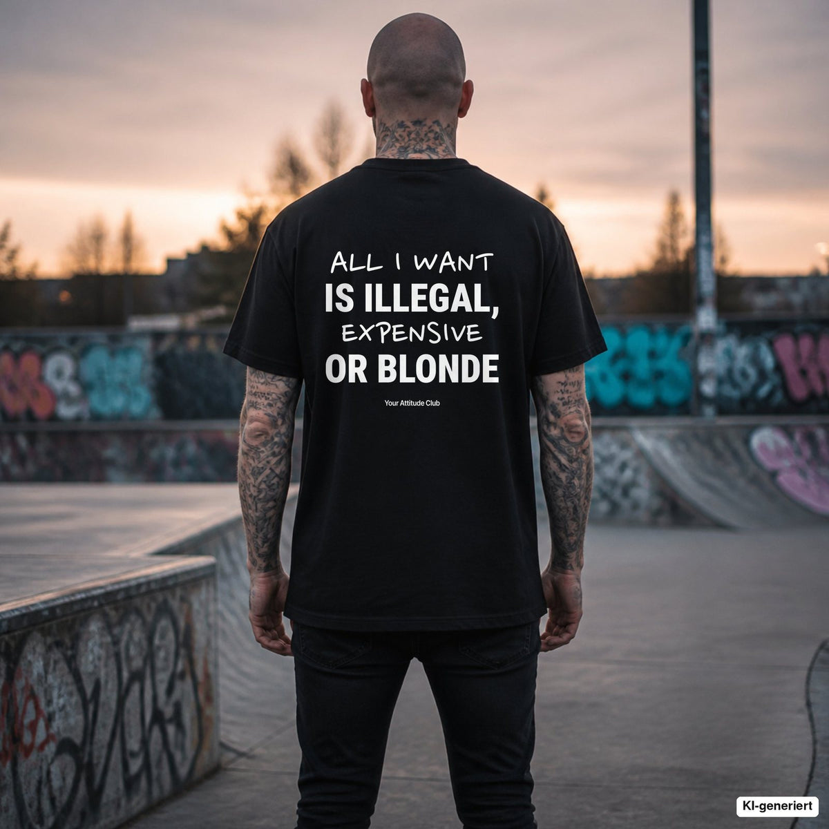 ALL I WANT IS ILLEGAL, EXPENSIVE OR BLONDE – schwarzes Oversize T-Shirt mit weißem Backprint, Herren im Skatepark