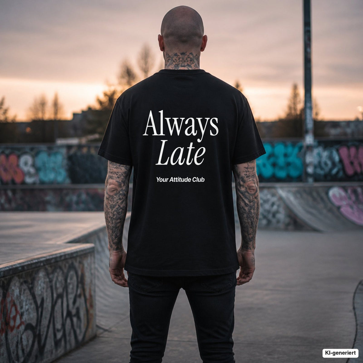ALWAYS LATE – schwarzes Oversize T-Shirt mit weißem Backprint, Herren im Skatepark