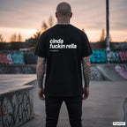 CINDA FUCKIN RELLA – schwarzes Oversize T-Shirt mit weißem Backprint, Herren im Skatepark