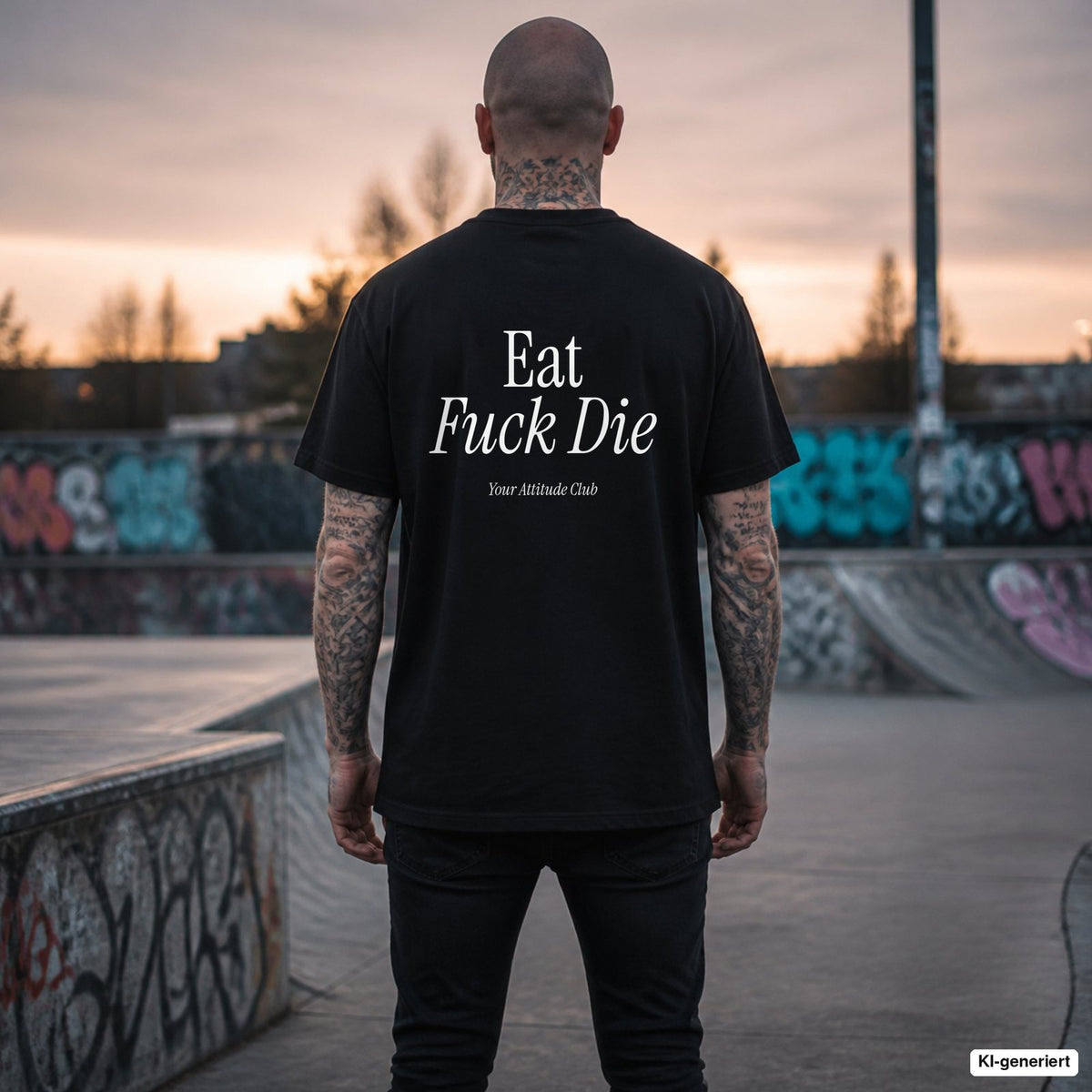 EAT FUCK DIE – schwarzes Oversize T-Shirt mit weißem Backprint, Herren im Skatepark