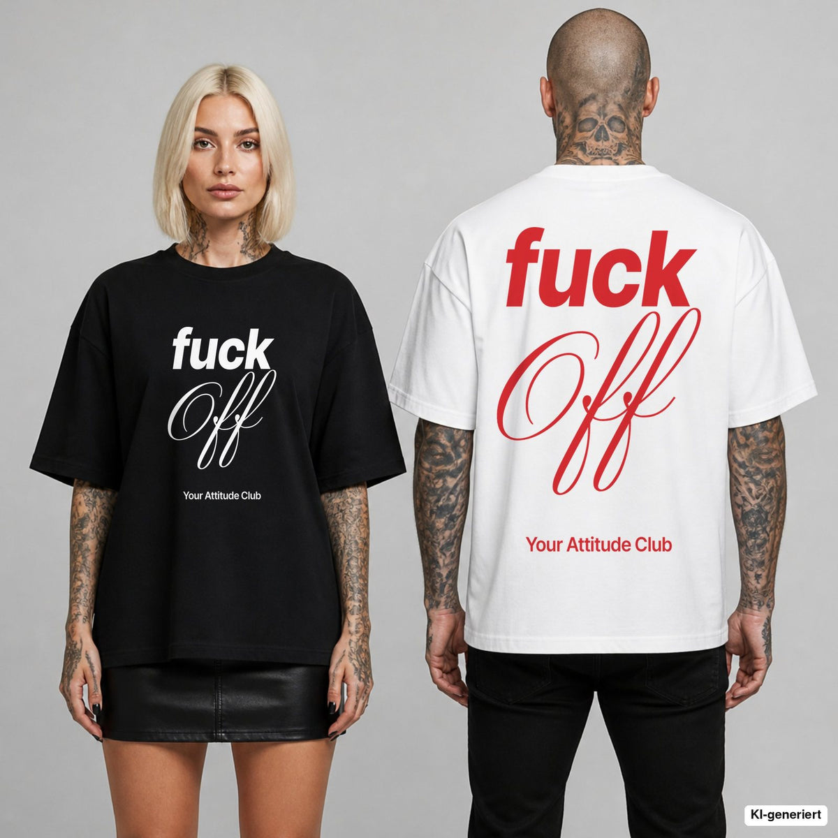 FUCK OFF – Oversize T-Shirt mit Frontprint (Frau, Schwarz) und Backprint (Mann, Weiß)