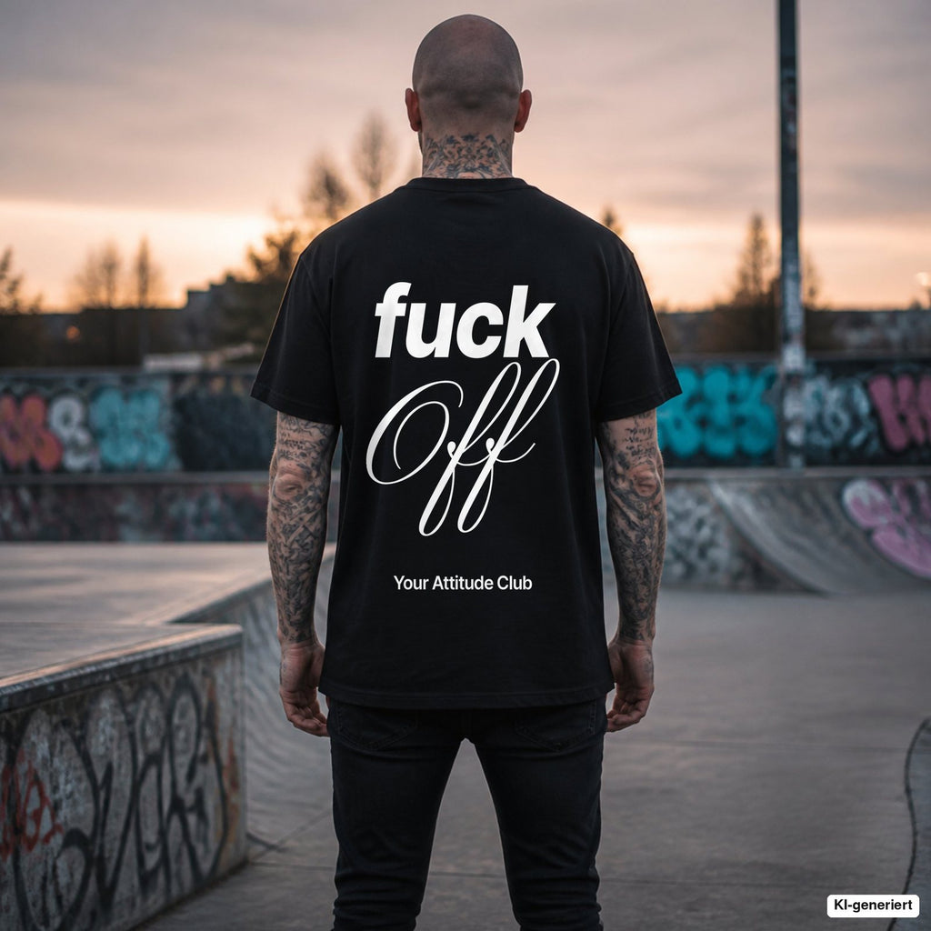 FUCK OFF – schwarzes Oversize T-Shirt mit weißem Backprint, Herren im Skatepark