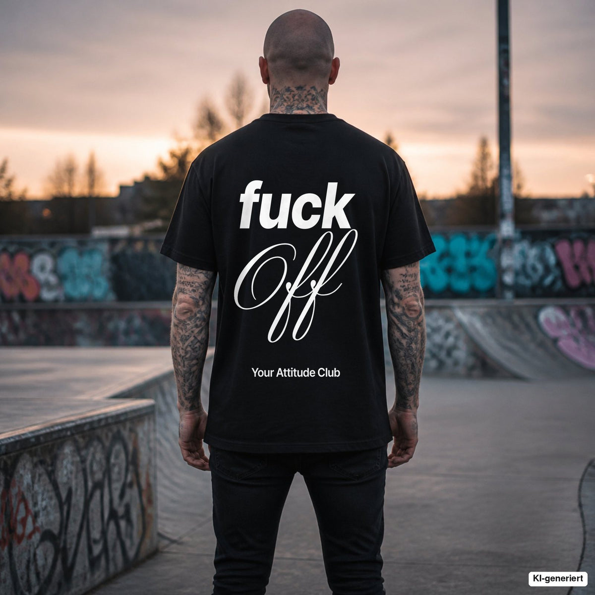 FUCK OFF – schwarzes Oversize T-Shirt mit weißem Backprint, Herren im Skatepark
