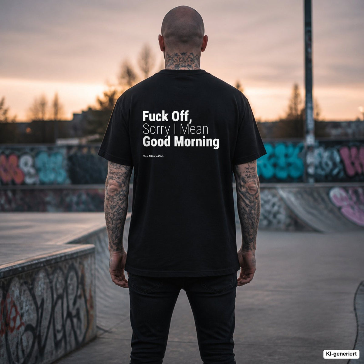 FUCK OFF, SORRY I MEAN GOOD MORNING – schwarzes Oversize T-Shirt mit weißem Backprint, Herren im Skatepark
