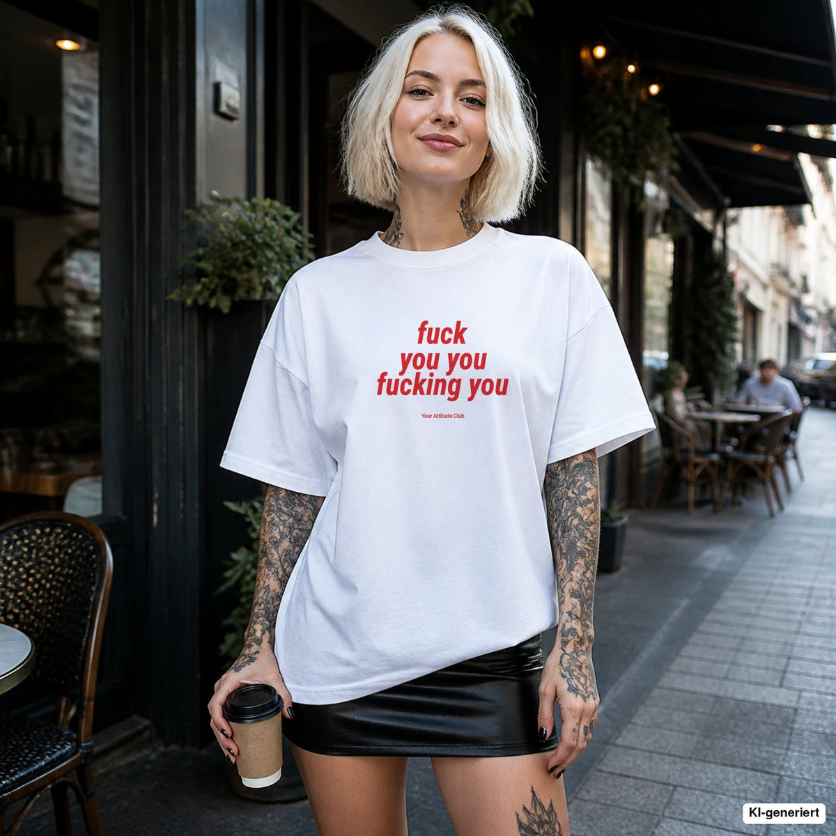 FUCK YOU YOU FUCKING YOU – weißes Oversize T-Shirt mit rotem Frontprint, Damen im Straßencafé